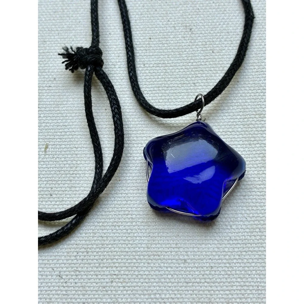 Blue Star Pendant Necklace Adjustable Black Cord Cobalt Glass Look